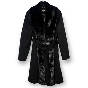 ELLEN TRACY: Black, Wool, Belted Coat with faux fur trim— size 6